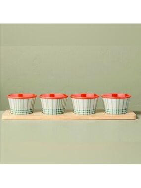 Hearth & Hand *SET OF 4* Plaid Melamine Mini Bowls & Bamboo Wood Tray Serving